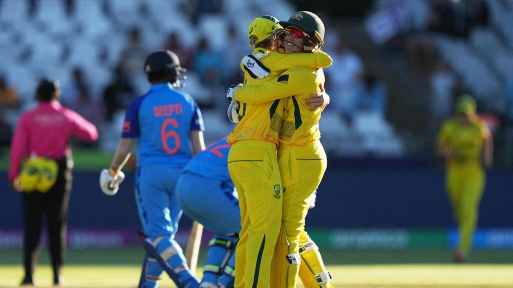 Australian. celebrate following the ICC Women’s T20 World Cup Semi Final 