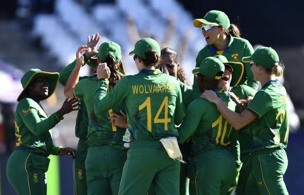 shabnim ismail. south africa celebrate heather knight's dismissal. in the t20 world cup match